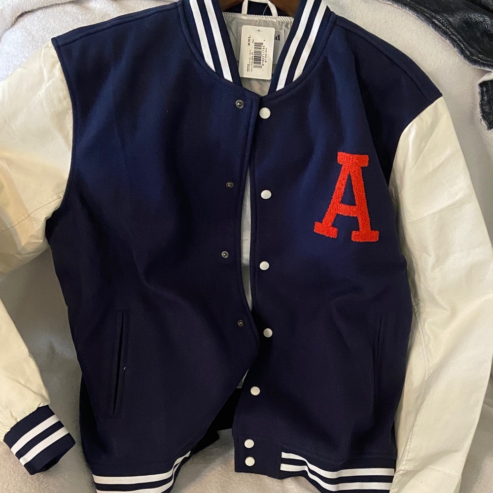 Classic Navy & White Varsity Jacket with Red A Patch